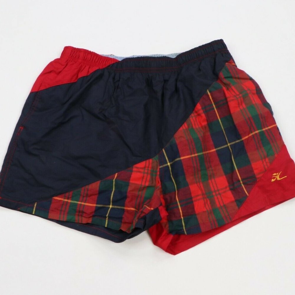 Vtg 90s Hobie Lined Multicolor Plaid Swim Trunks